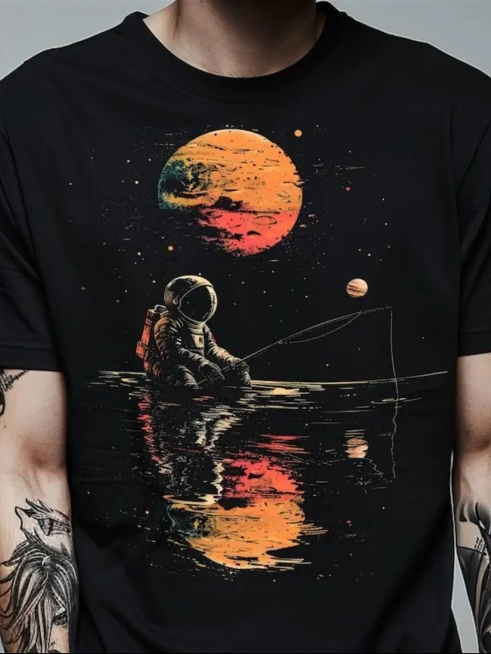 Black Graphic Astronaut Fishing T-Shirt